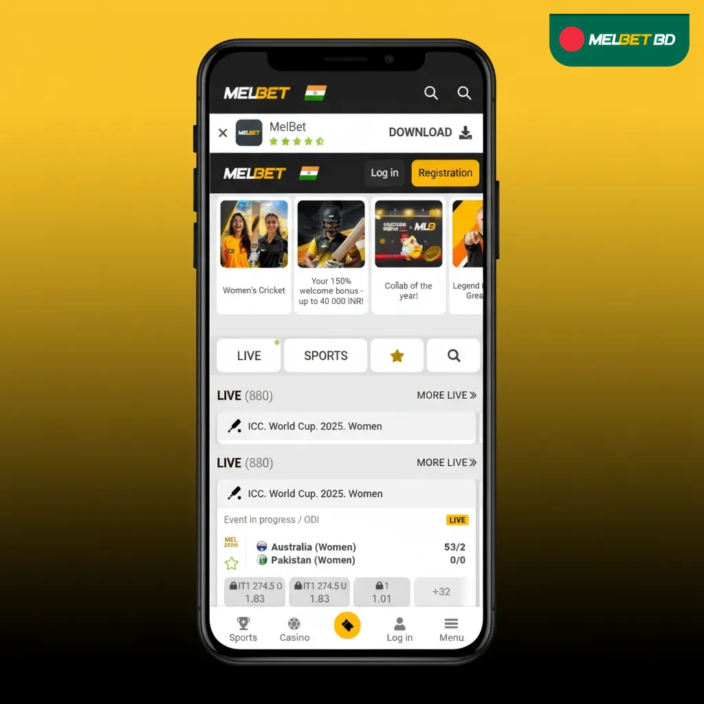Melbet app interface with clean, one-hand layout; tabs: Sports, Live, Casino, Profile; access to odds, markets, betslip