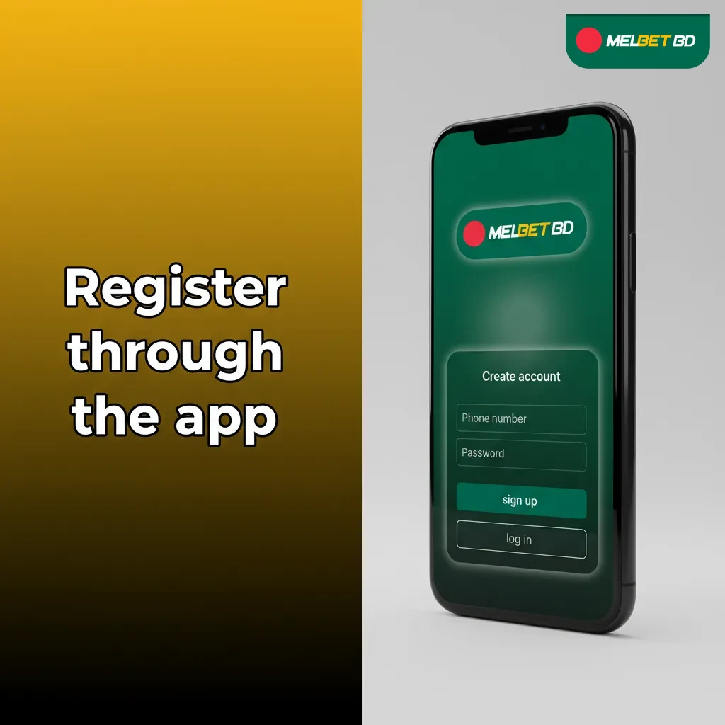 App registration: Sign Up, choose method, select Bangladesh/BDT, enter details, verify, KYC, then deposit and bet.